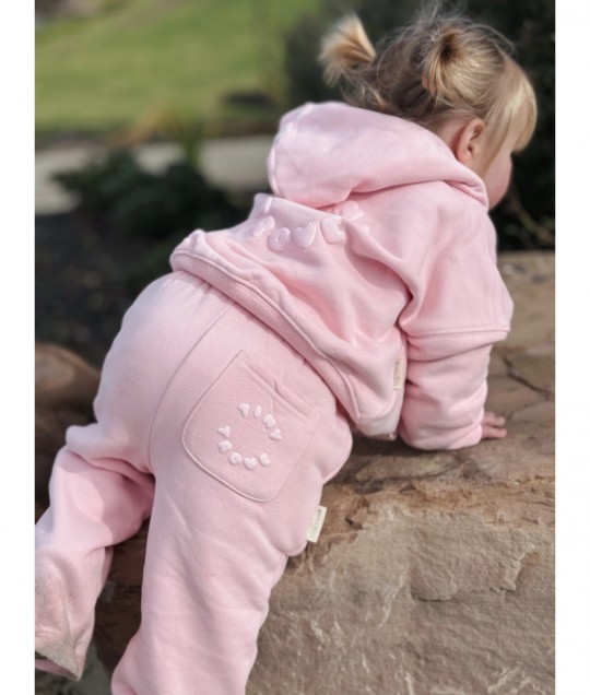 Sporty Puff Print Cotton Hoodie Tracksuit Set - Pink