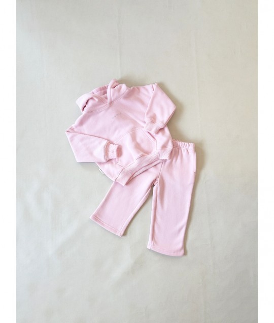 Sporty Puff Print Cotton Hoodie Tracksuit Set - Pink