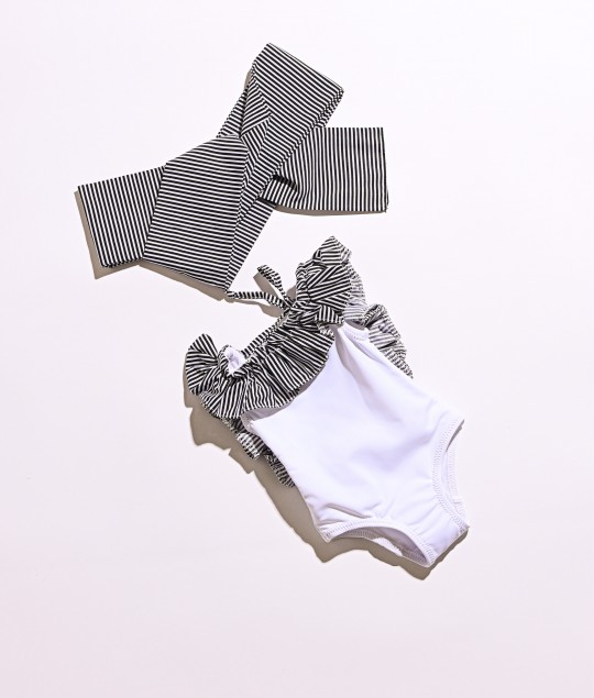 Crossed-Back stripped Swimsuit- white