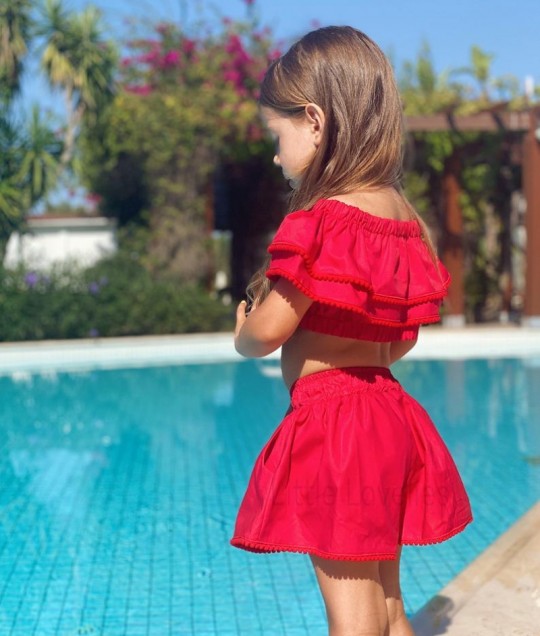 Cropped Ruffled Top & Shorts Set - Red