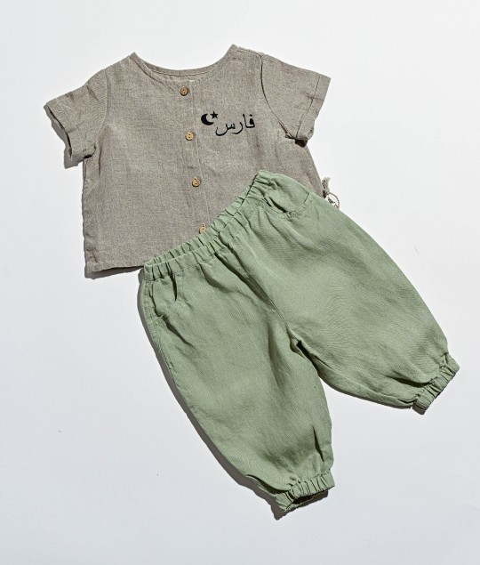 Linen Beige top & Green pants