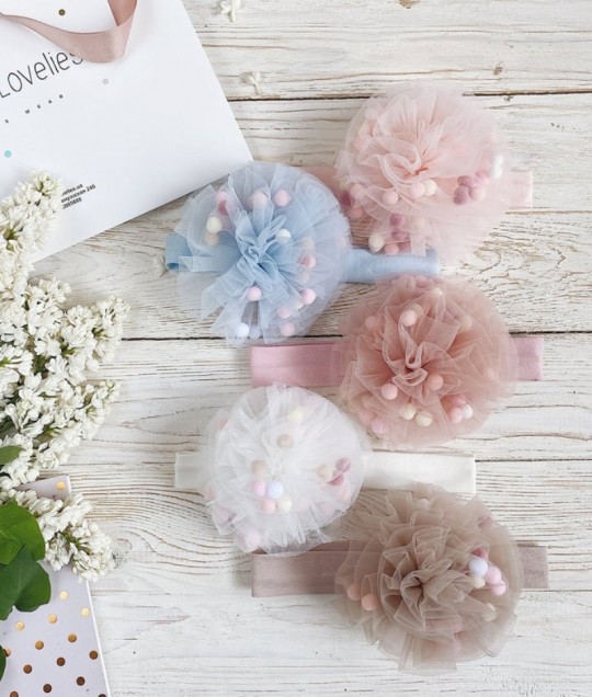 Floral PomPom Headband - Blue