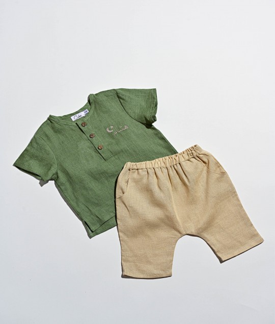 Linen Khaki Top & Beige Sherwal