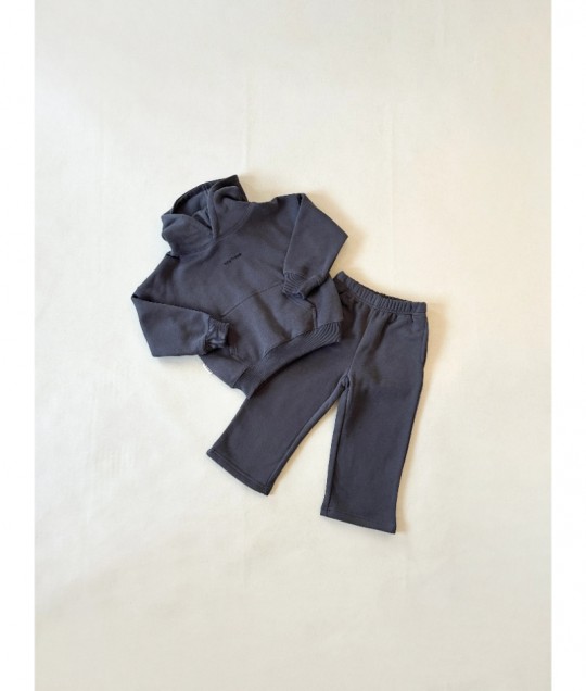 Sporty Puff Print Cotton Hoodie Tracksuit Set - Charcoal