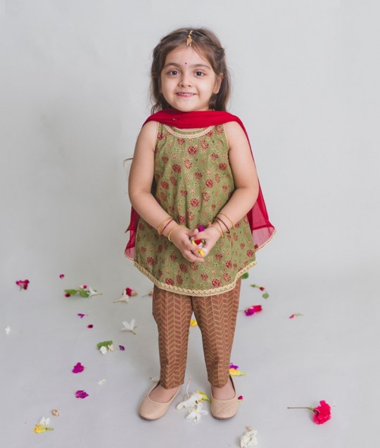Girls Olive Green Floral Suit Set