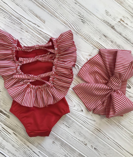Crossed-Back Stripped Swimsuit - Red