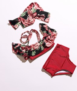 Floral Red High waisted Bikini Set