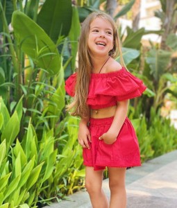 Cropped Ruffled Top & Shorts Set - Red