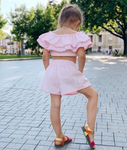 Cropped Ruffled Top & Shorts Set - Pink