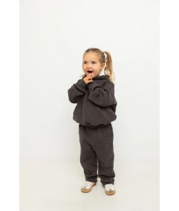 Sporty Puff Print Cotton Hoodie Tracksuit Set - Charcoal