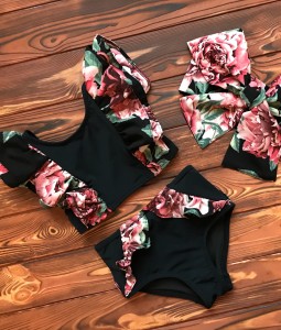 Black Floral High waisted Bikini Set